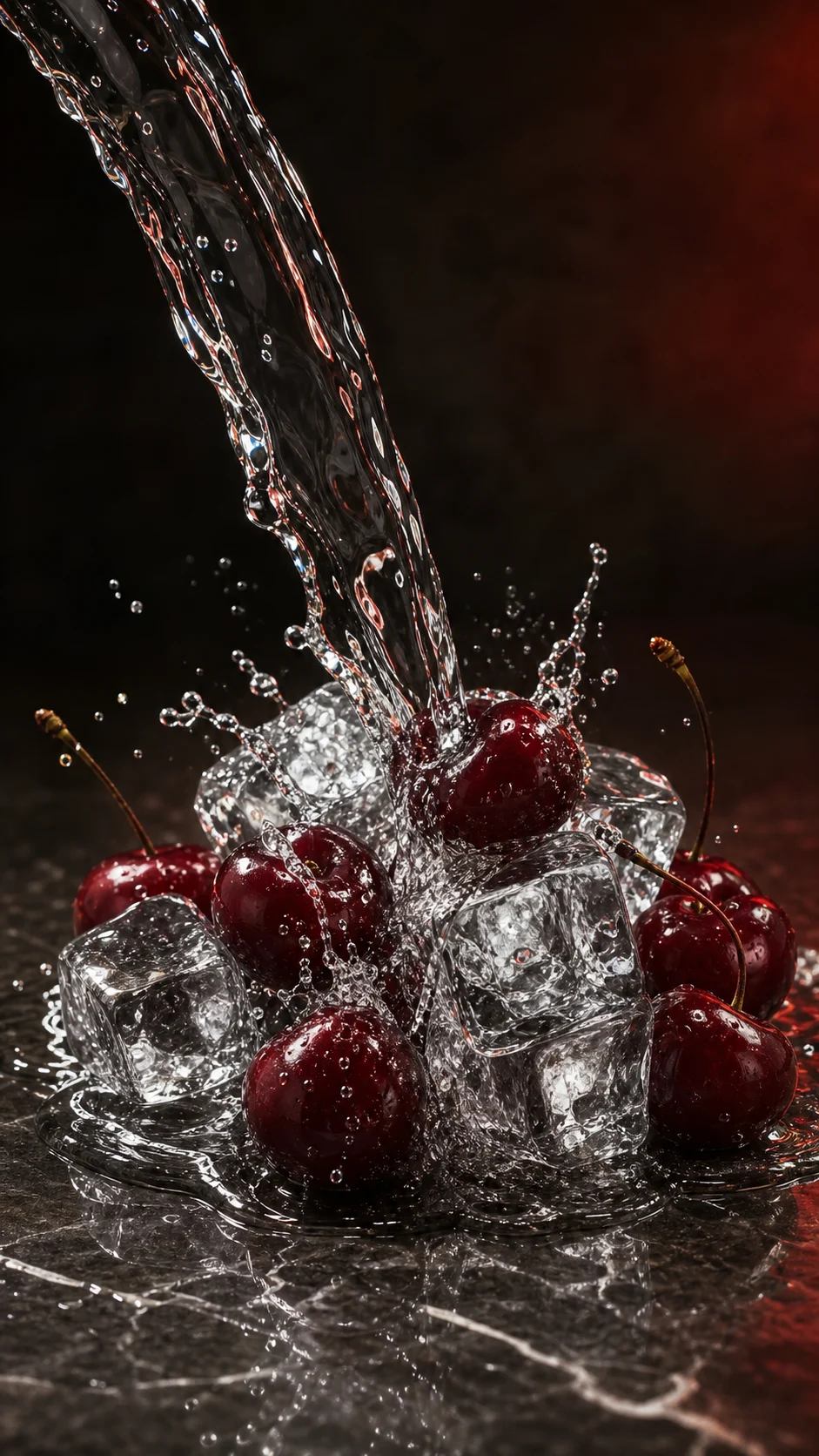 Кадр продуктового ролика с водой, льдом и вишней